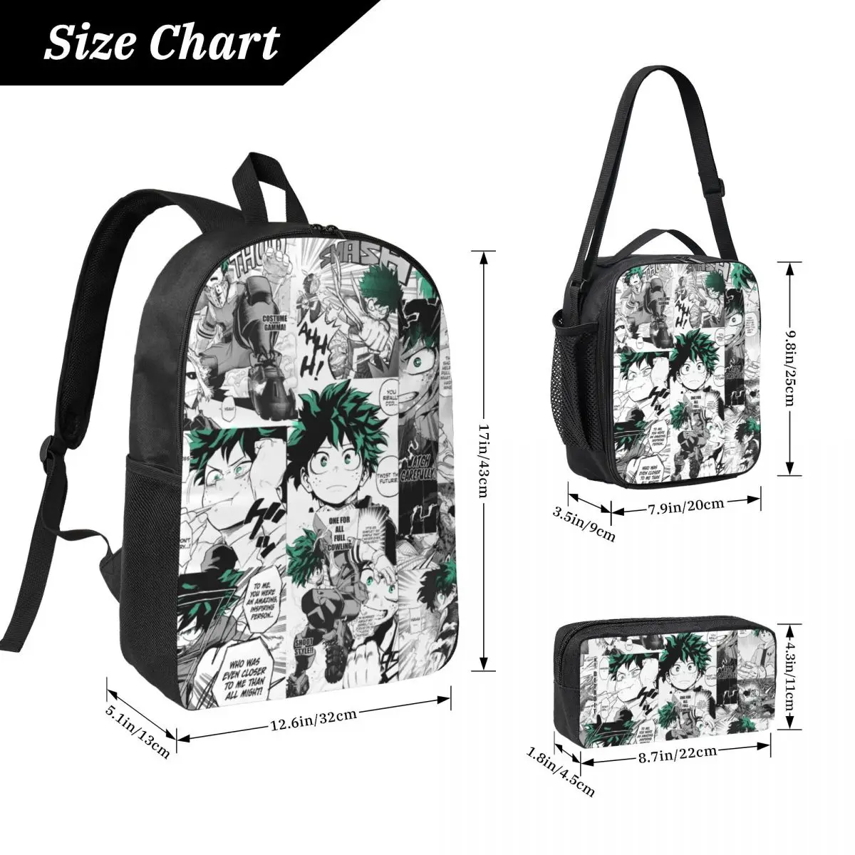 

My Hero Academia Deku Manga Рюкзак с коллажем BookBag Школьная сумка Компьютерные сумки на плечо 3 шт. Изолированная сумка для обеда Пенал