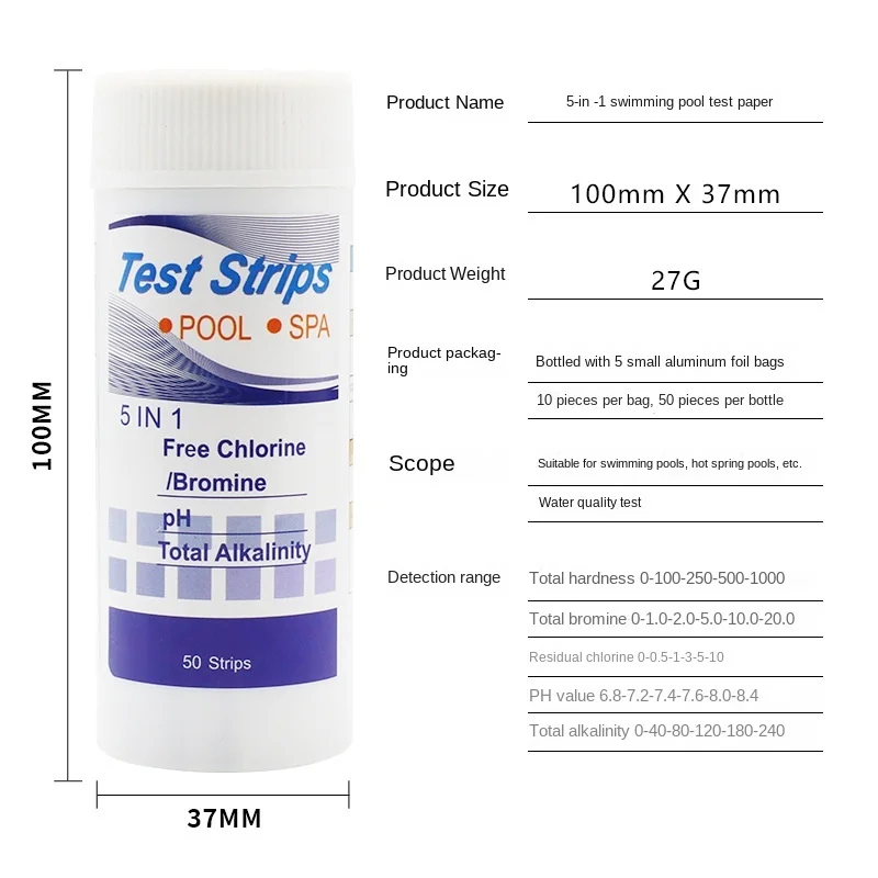 

50barrels Swimming Pool 5-in-1 Test Paper Residual Chlorine Ph Value Alkalinity Hardness Test Paper 50 Test Strips Per Bottle