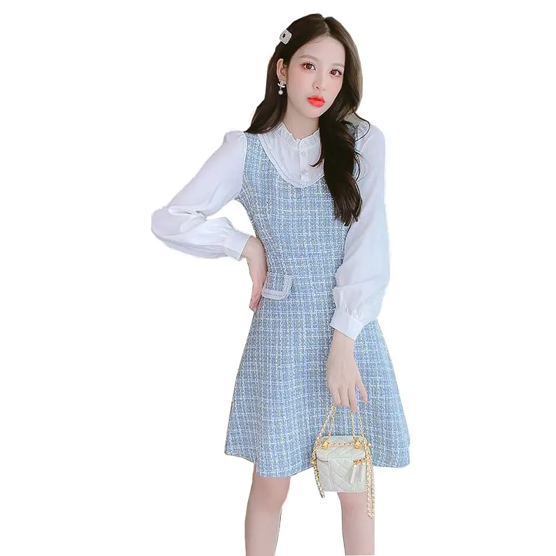 

Long sleeved tweed women's patchwork dress 2024 new spring and autumn style baby collar retro dress