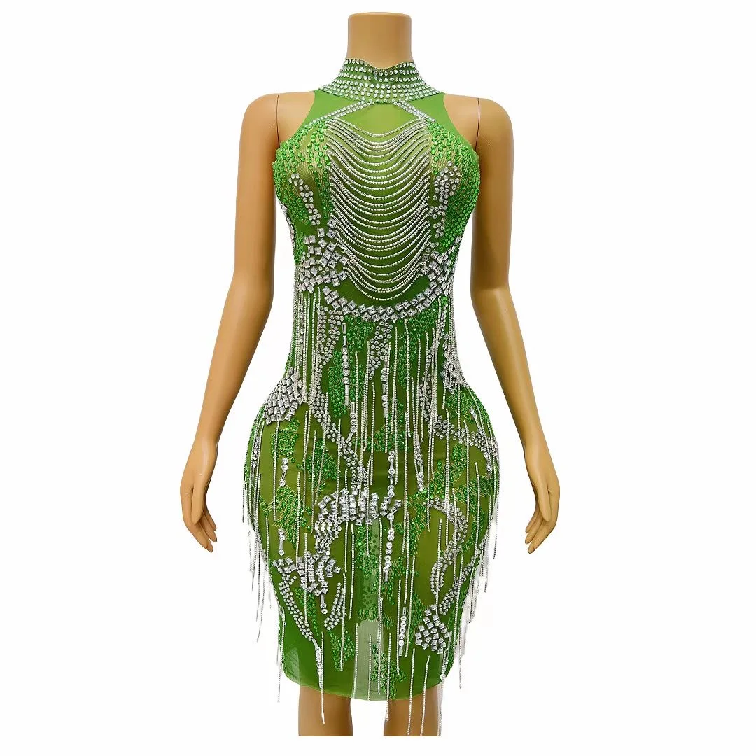 

Price shown before tax, Free shipping Green Rhinestones Crvstals Fringes ChainsEvening Birthday Celebrate Dress Transparent tDan