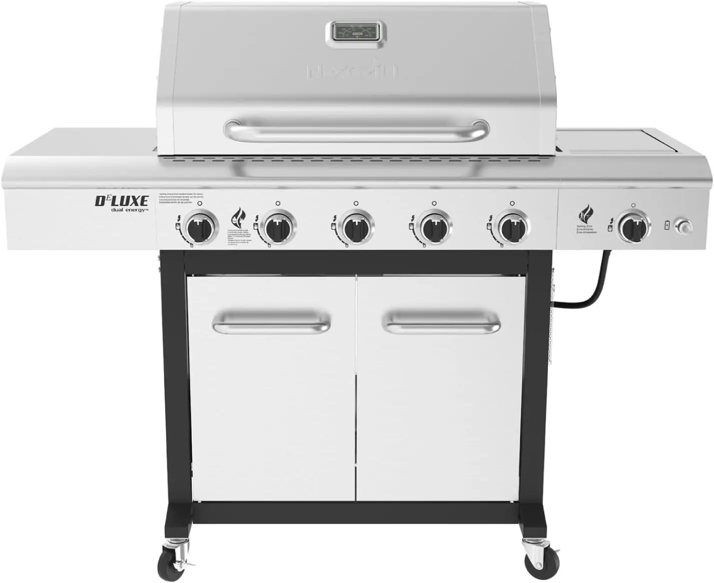 

Deluxe 5-Burner Propane Barbecue Gas Grill with Side Table and Ceramic Searing Side Burner, 771 sq. in., 75000 BTUs, Black, Outd