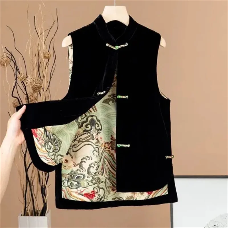 2023 Spring Autumn Female New Chinese Style Velvet Vest  Loose Standing Neck Plate Buckle Overlay Split Tank Top Women Cardigan