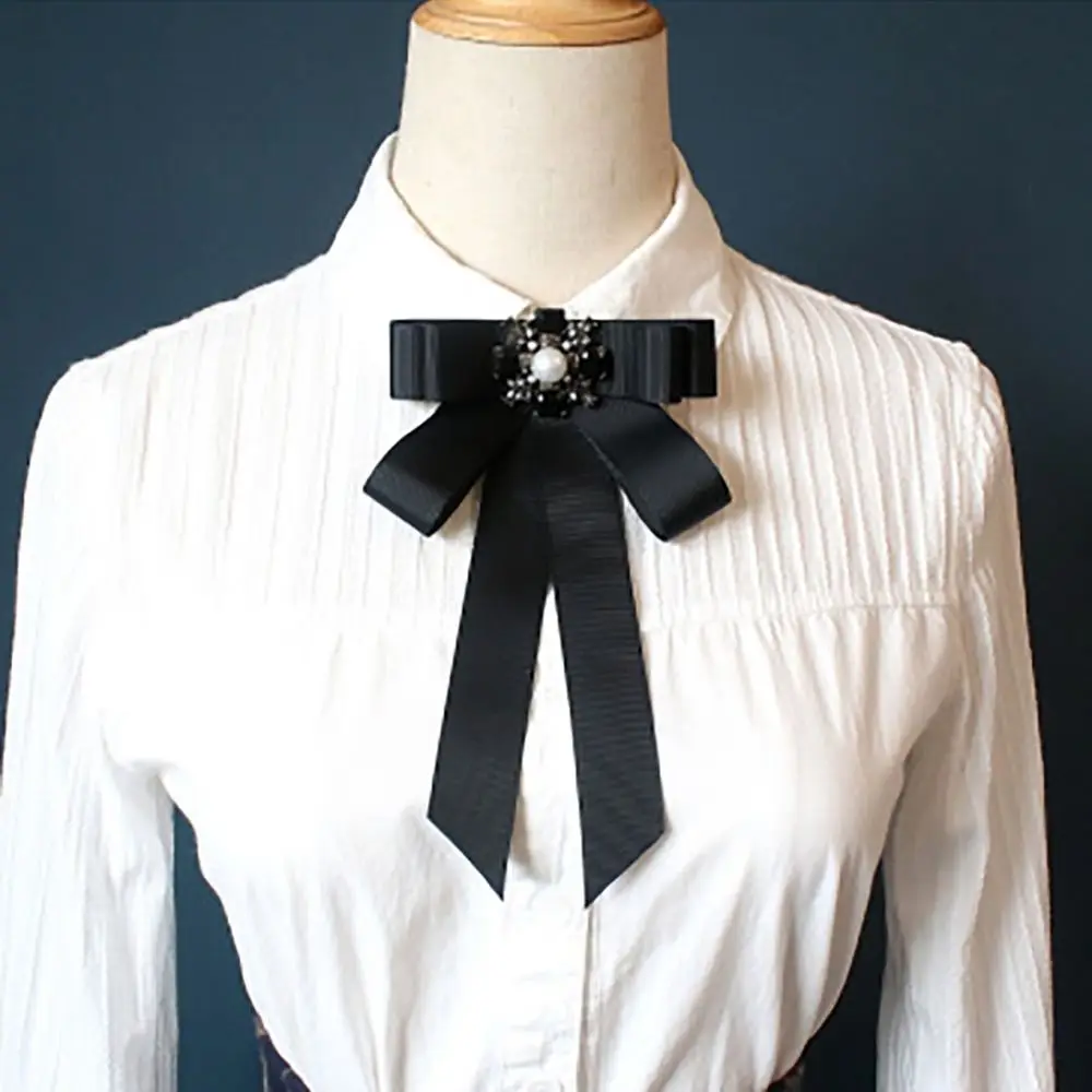 New Polyester Ribbon Bowknot Brooch Pin Black Vintage Crystal Rhinestones Jewelry Bowtie Collar Pretied Necktie Clip Shirt