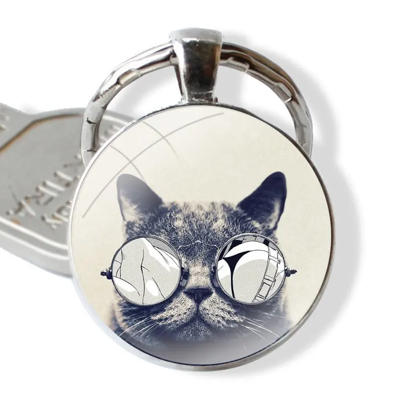 Cat Cute Cats Dog Glass Metal Pendant Key Chain Classic Men Women Key Ring Accessories Jewelry Gifts