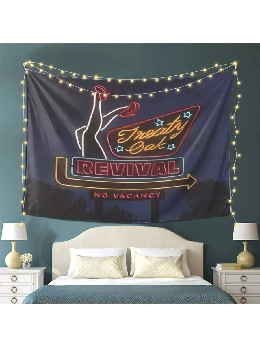 

Neon-Style Tapestry Hanging - Retro Vintage "Treaty Oak Revival" No Vacancy Sign Design With Stars & Arrows, Peach Light Beige