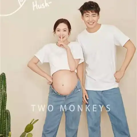 엄마 아빠 매칭 반팔 임신 티셔츠 및 청바지, 임신 배꼽 커플 복장, 캐주얼 정장, 발렌타인 선물