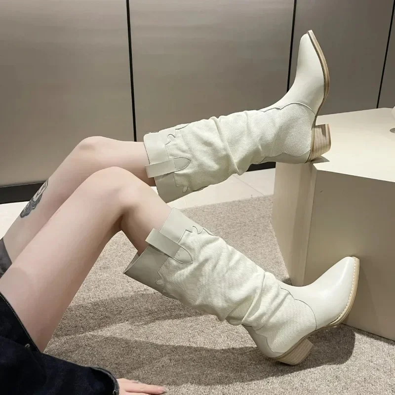 Botas de vaqueiro ocidental para mulheres, dedo apontado, patchwork de costura, salto med, sapatos femininos longos, estilo étnico, outono, inverno, novo, 2023