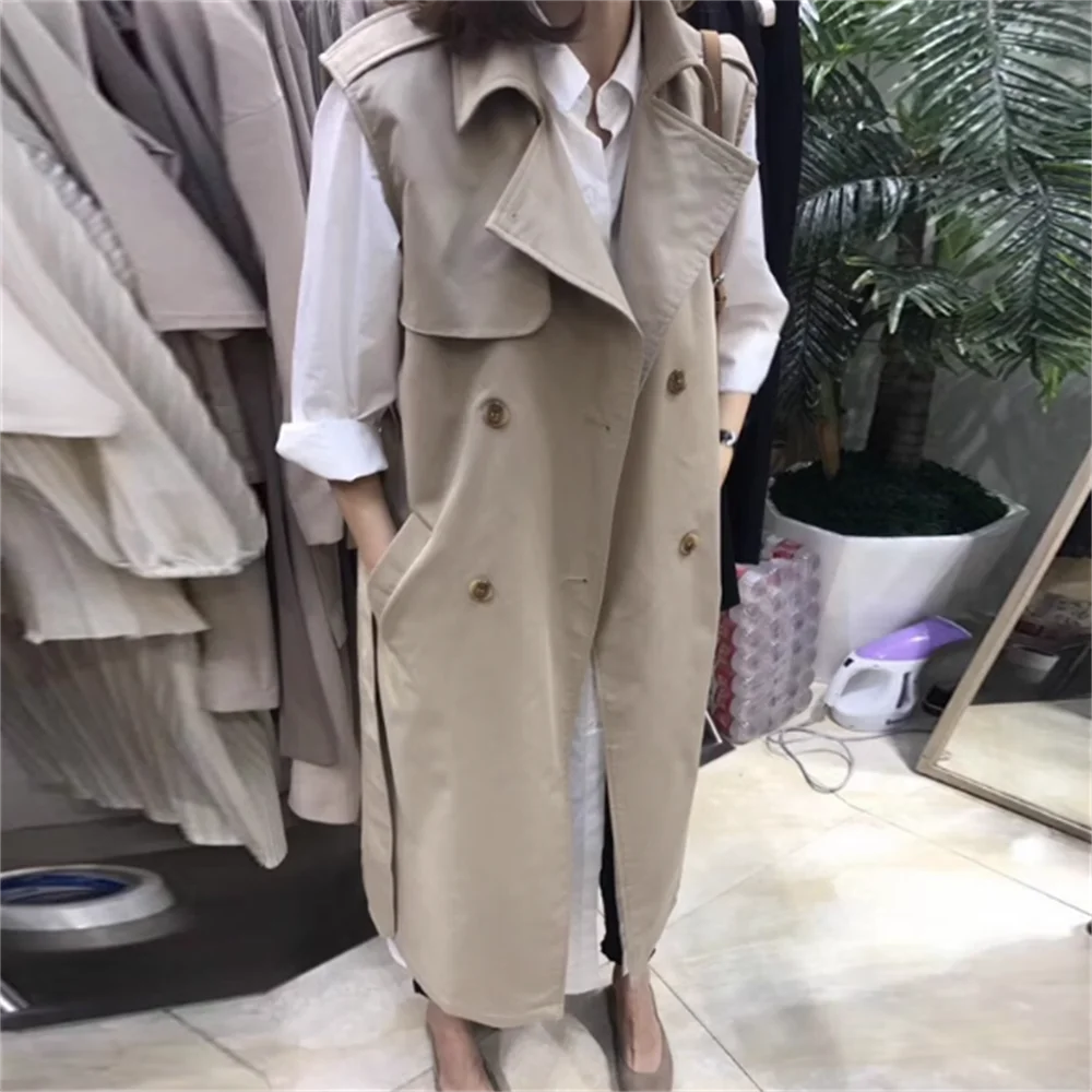 

Spring and Autumn New loose jacket sleeveless Double breasted long trench coat vest woman