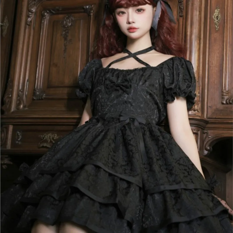 

Dress Short Sleeve Three-Section Dark Goth Solid Color Skirt