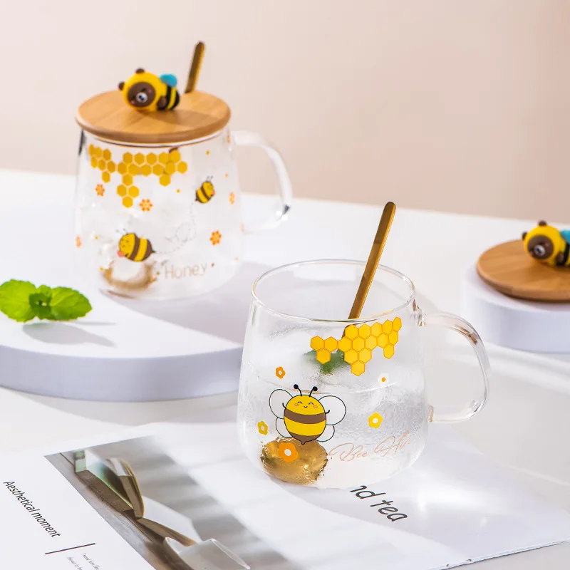 Bee Cartoon Glass Spoon Milk Cup Breakfast Cup New Year Mugs Coffee Cups Mug Beautiful Tea Mugs Mug With Lid Drinkware Original