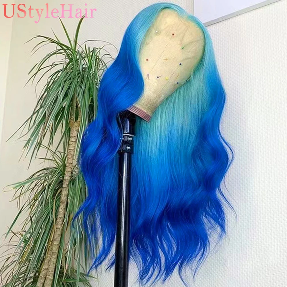 UStyleHair Ombre Blue Wigs for Women Long Body Wave Blue Hair Light Roots Synthetic Lace Front Wig Daily Used Heat Resistant Wig