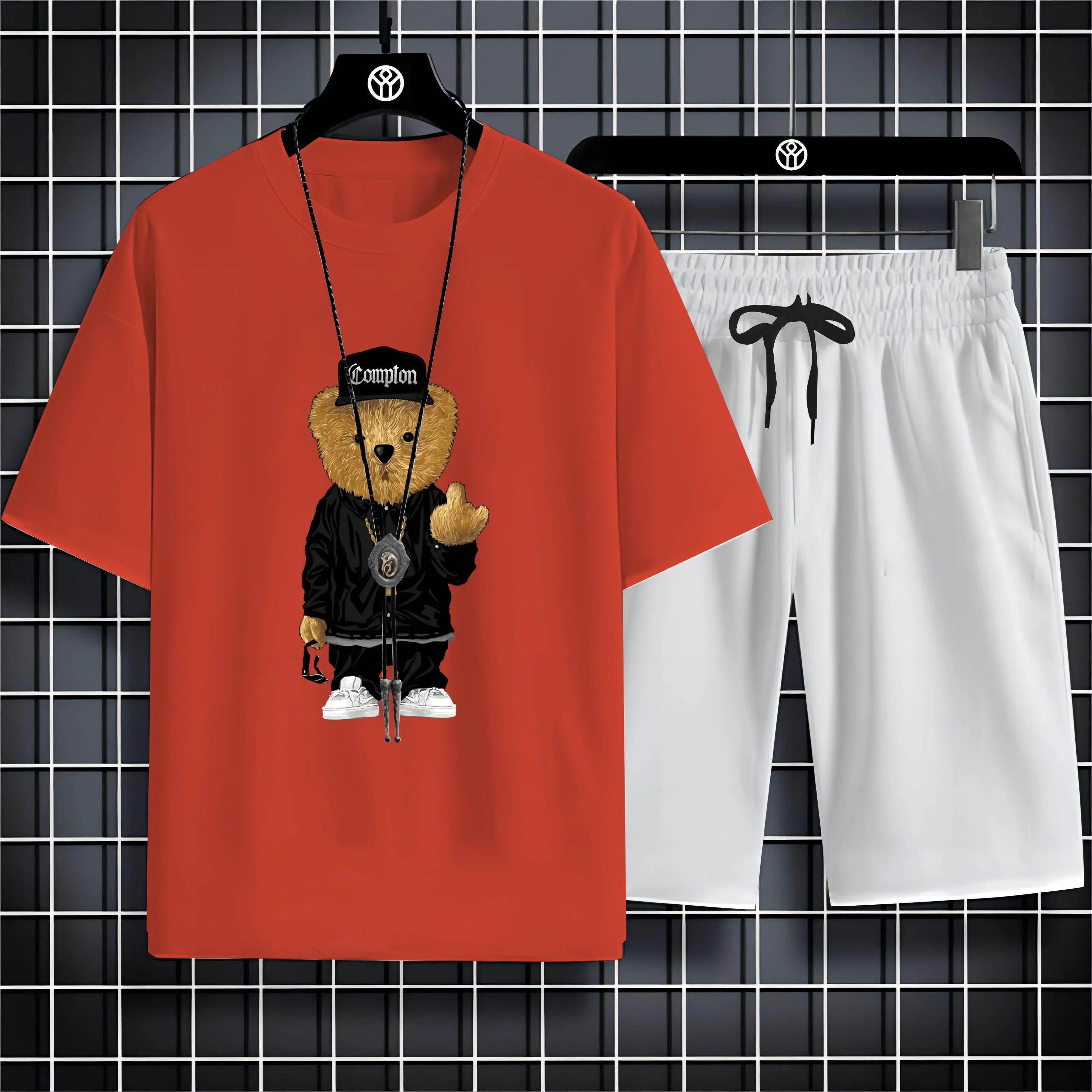 2023 Men\'S New Short Sleeve Shorts Sportswear Set Doll Bear Print Pattern Simple And Generous Speed Dry Suitable For Summer
