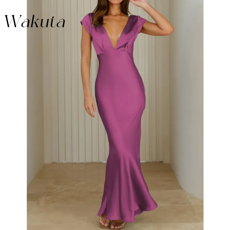 Wakuta Elegant Simple Satin V-Neck Cap Sleeve Solid Vestidos Sexy Backless Twisted Hollow Midi Wedding Guest Dresses فستان سهرة