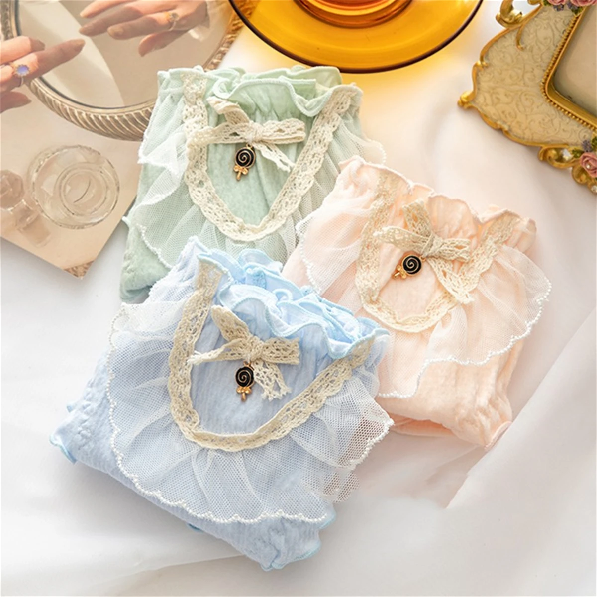 French Sweet Princess Style Lolita  Solid Color Girls Panties Folds Ruffle  Lace Bowknot Lollipops Grid Cute Women Briefs