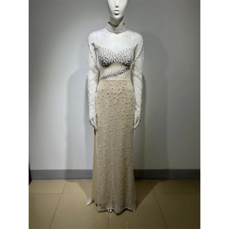 2025New Arrival Beaded Sequin Sexy Sheer High Slit Long Sleeve Dress Engagement Party Evening Gown