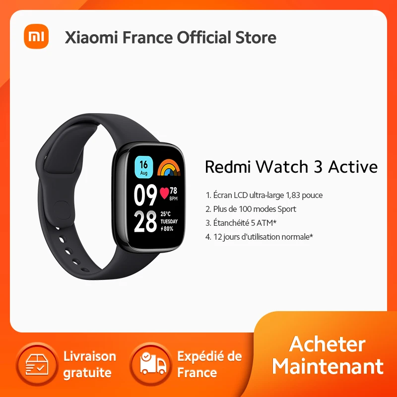 [Official] Redmi Watch 3 Active, Écran LCD ultra-large 1,83 pouce, Plus de 100 modes Sport, Étanchéité 5 ATM*, 12 jours d\'utilisation normale*