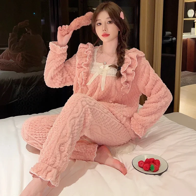 5XL Large Size Plush Pajamas Women\'s Winter Thickened Sweet Loungewear Long-sleeved Long Sleeve Pullover And Pants Outer Wear