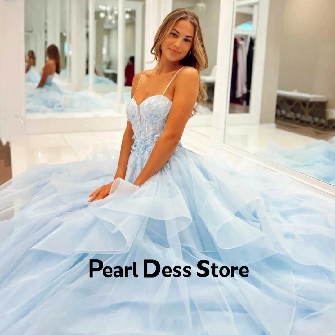 

Pearl Sky Blue Ball Gowns Organza Graduation Dresses Woman Evening Gown Spaghetti Straps Line A Layered Elegant Party Dress Es