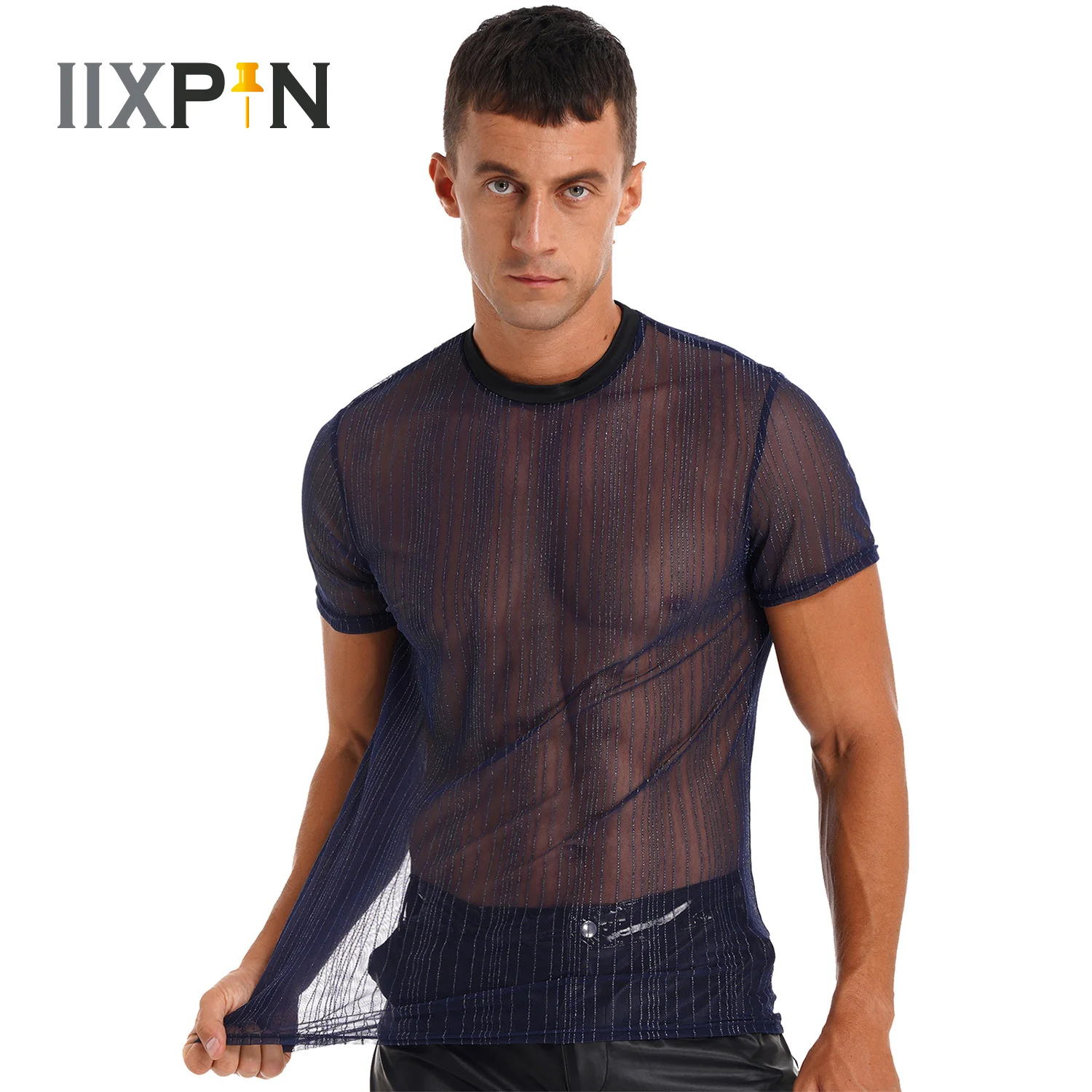 Fashion Men Glitter Mesh T Shirt Transparent Short Sleeve Slim Shiny Party Nightclub Sexy Thin T-shirts 2022 Breathable Camiseta