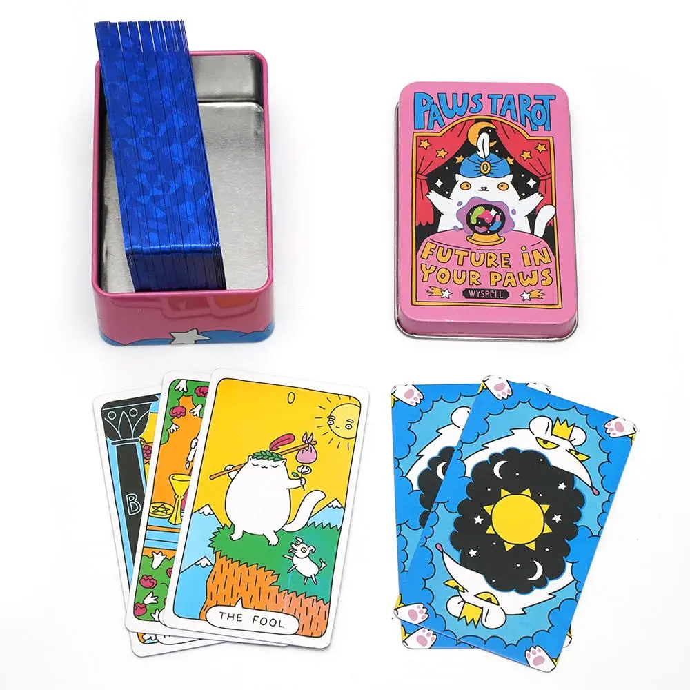 Tarot Paws de 10,3x6 cm Future In Your Paws 78 cartas Tarot de gato con bordes dorados azules en una caja de lata