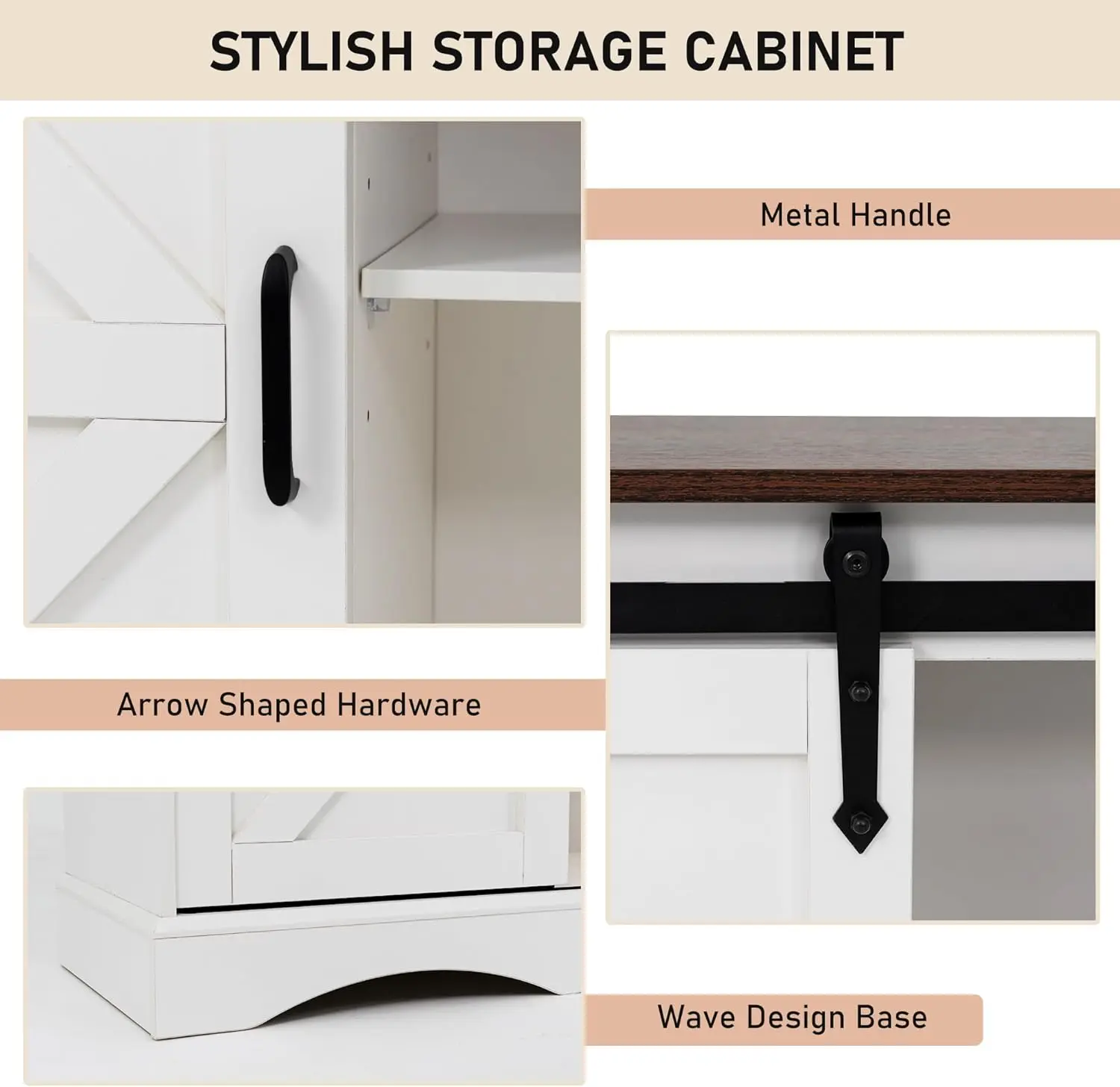 خزانة بار القهوة في المزرعة، بوفيه أبيض مع باب الحظيرة المنزلق، رف قابل للتعديل لخزانة المطبخ مقاس 31.5 بوصة، أبيض وبني #6