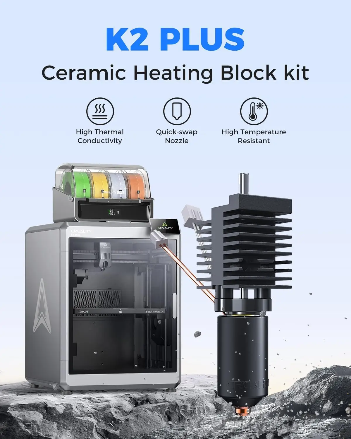 Creality K2 Plus Ceramic Hotend Kit，K2 Plus Quick-swap Nozzle，All-Metal Quick-Change Nozzle & 300°C Heating Block Upgrade Parts