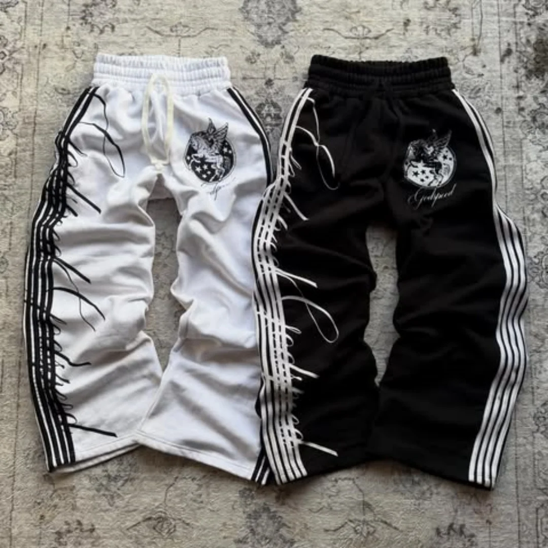 Pantalones Deportivos Casuales Unisex, Estilo Retro Americano, Bloques de Color, Rayas, Cintura Alta, Pierna Ancha, Corte Recto, 2026