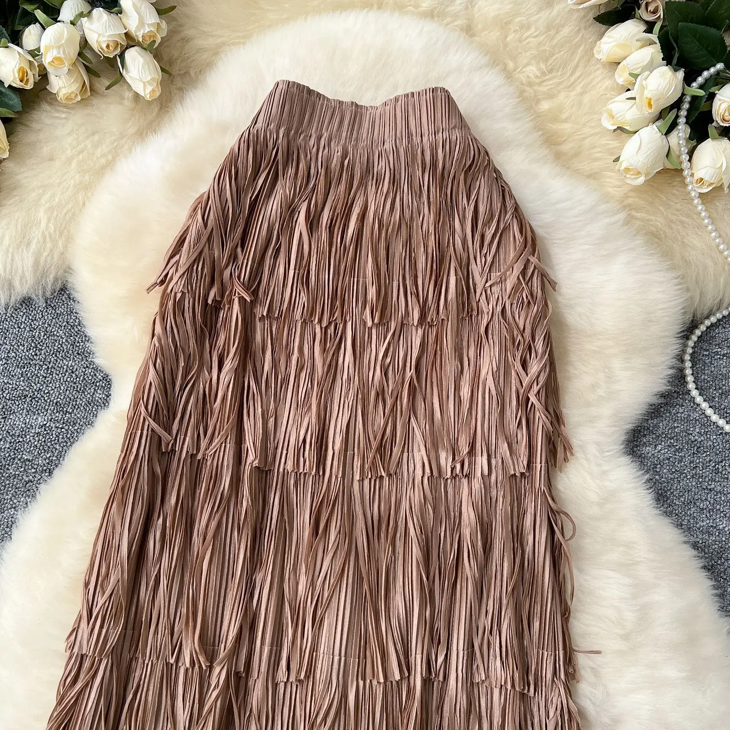 New In 2026 Spring Summer Tassel Midi Long Skirt For Women Trendy High Waist Streetwear Casual Skirts
