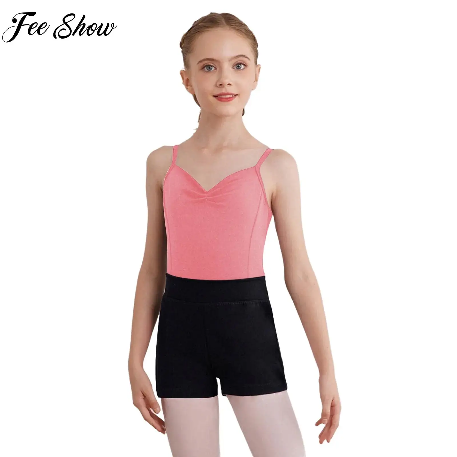 meninas-2-pcs-ginastica-ballet-danca-patinacao-artistica-outfit-desempenho-treinamento-danca-wear-sem-mangas-ruched-collant-e-shorts