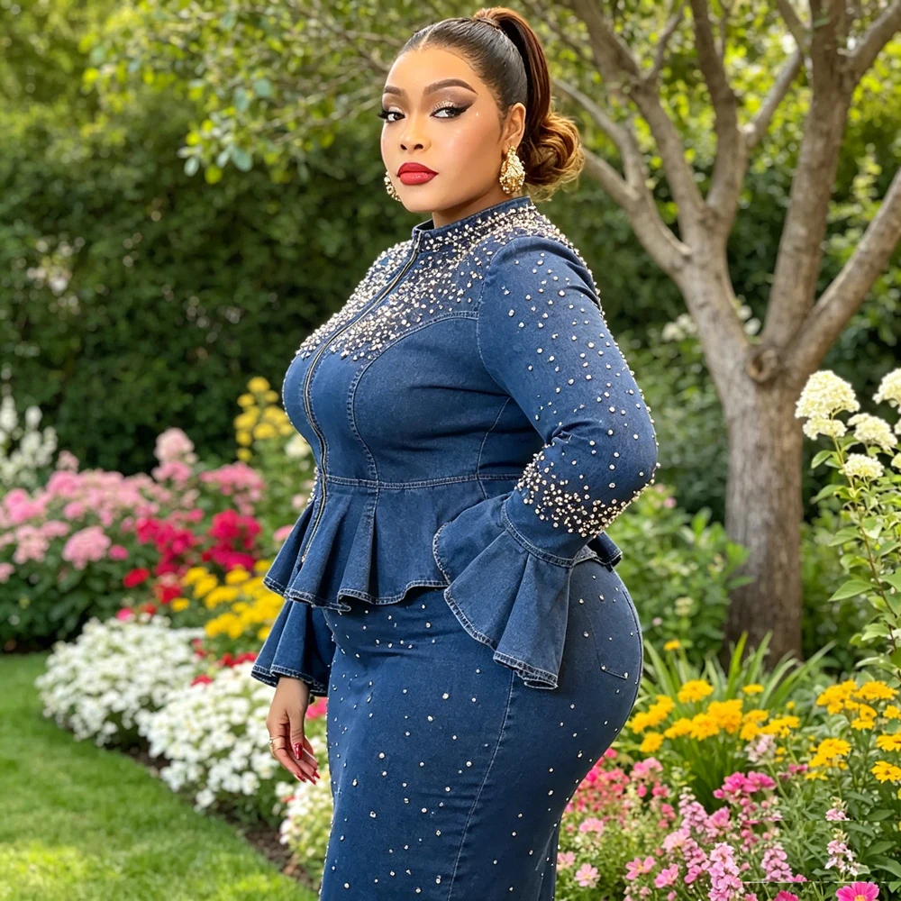 

Fashion Women African Clothing Denim Diamond Zipper Top Bodycon Skirt Set Ankara Dashiki Turkey Ethnic Outfit 2 Piece Suit Gown