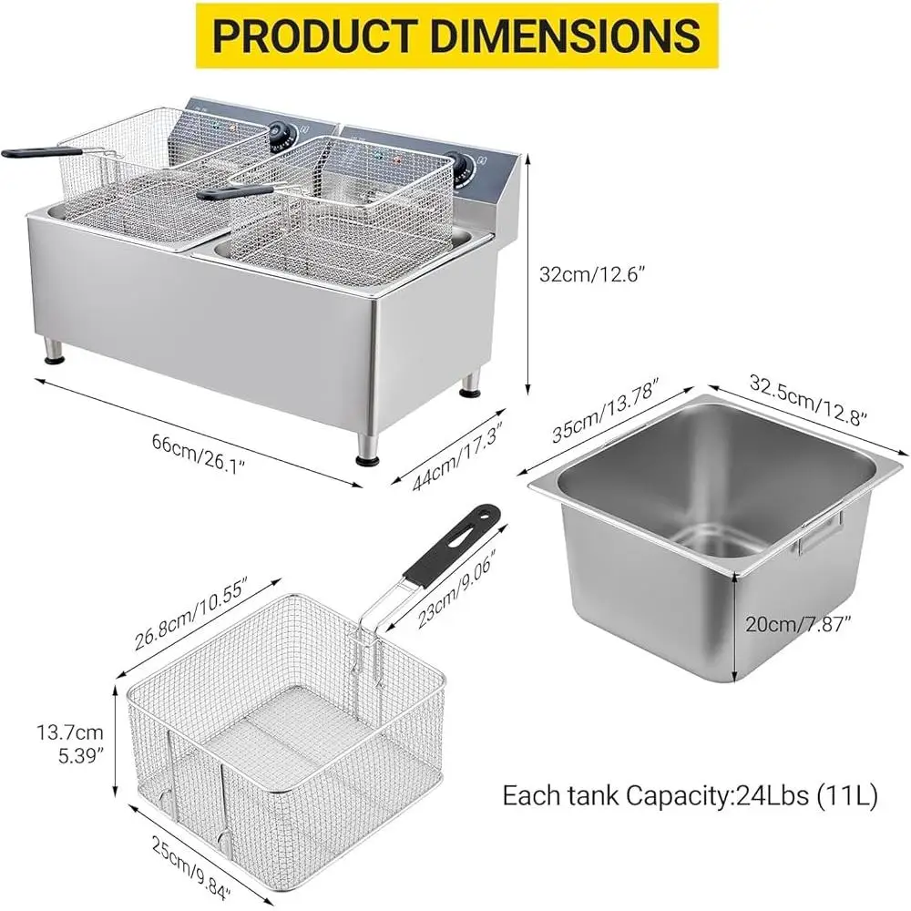 مقلاة كهربائية عميقة تجارية سعة 11 لتر × 2 مقلاة كبيرة ذات خزان مزدوج مع سلال وأغطية قابلة للإزالة للتحكم في درجة الحرارة