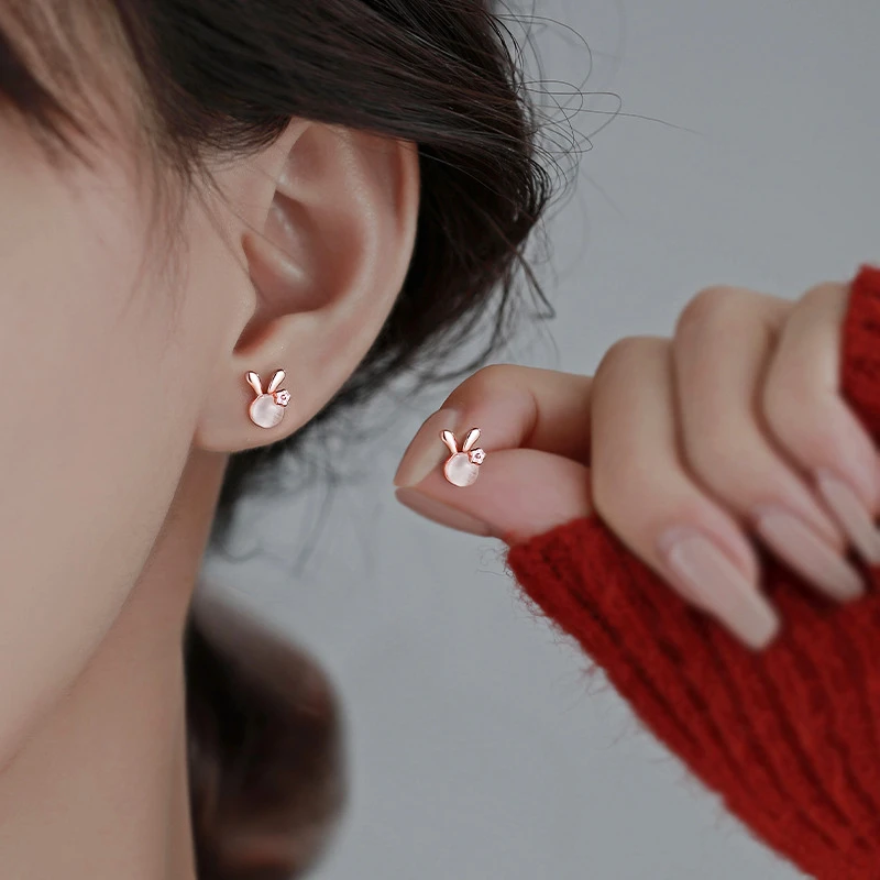 MEETSOFT 925 Silver Romantic Cat's Eye Rabbit Small Flower Stud Earrings for Fashion Women Fine Jewelry Minimalist Accessories