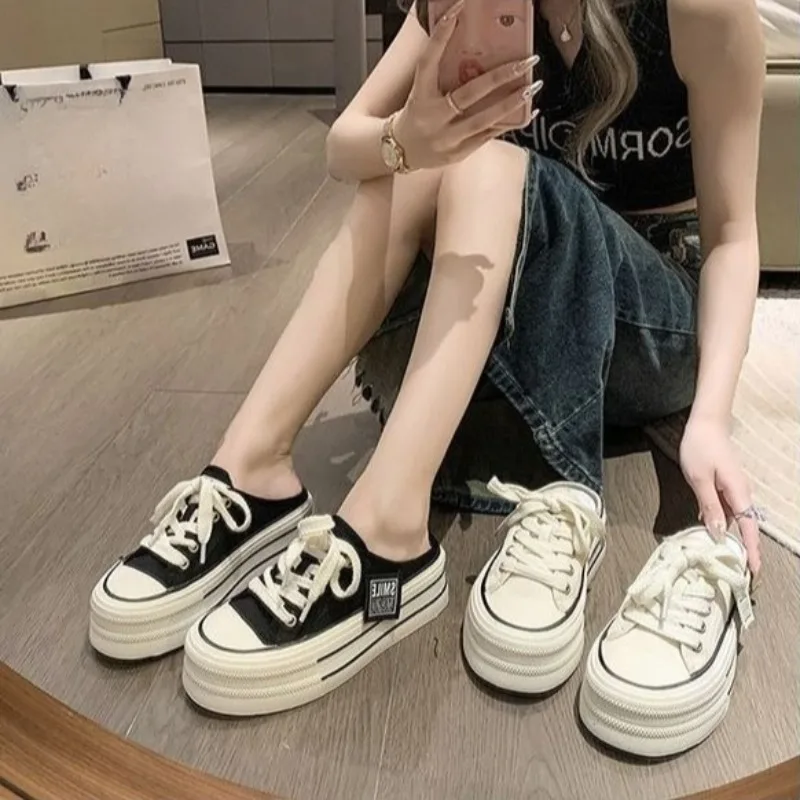 Summer New Round Head Lazy Canvas Shoes for Woman Comfortable Baotou Slippers Thick Sole Half Drag Women's Slipper Zapatos Mujer