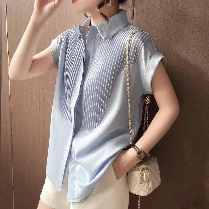 Summer Solid Color Pleated Shirt Commute Single-breasted Female Clothing Turn-down Collar Korean Loose Spliced All-match Blouse