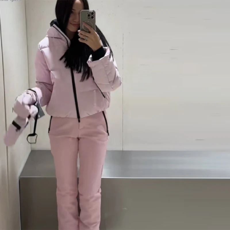 

Thicken Warm Women's Skiwears Pink High Collar Hooded Cotton Padded Coat Straight Leg Zipper Pants 2025 New Winter Lady Ski Suit