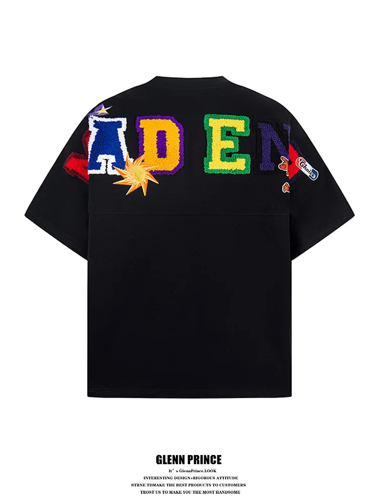 

GPstudio American High Street Letter Flocking Heavy Short Sleeve T-Shirt Men Summer New Loose Couple Tee Cotton Brea...