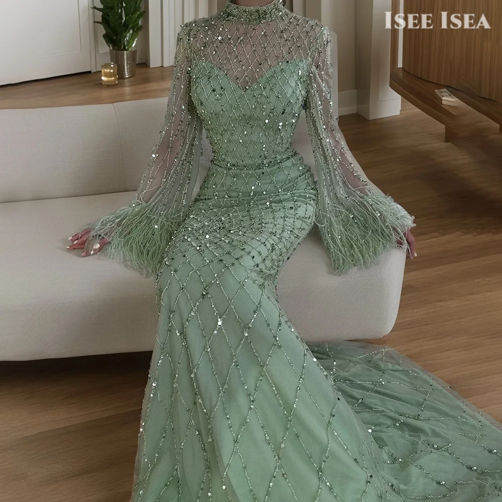 

Sage Green Evening Dresses Long Sleeve Gala Gown Mermaid vestidos rosa Romantic Sequin Maxi O-Neck Prom Dress Customized
