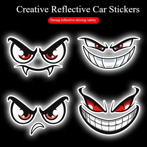 Imagen 2 del producto 1 pegatina reflectante para coche, luz nocturna, advertencia, diabo, cara sonriente, pegatina para ojos, pegatina de motocicleta de dibujos animados de Halloween