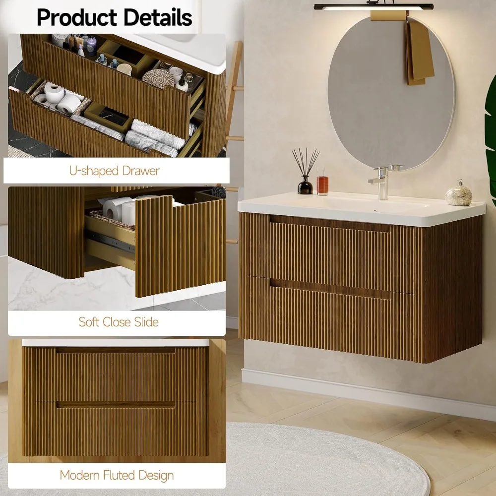 غرور حمام حديث مع مجموعة حوض، حمام عائم منحني مع درجين إغلاقين ناعمين، زينة حمام مثبتة على الحائط #4