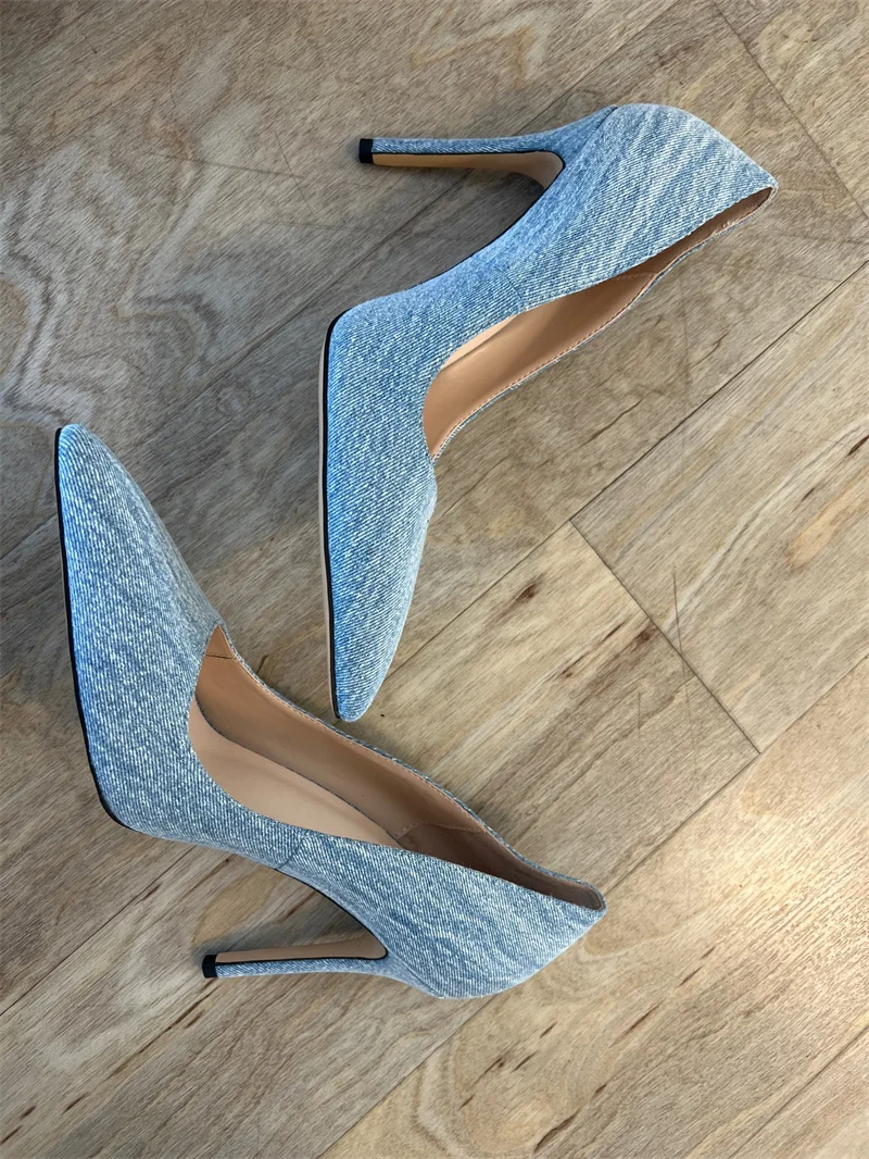 Onlymaker Women Pointed Toe Denim Pumps Elegant Evening Dress Large Size Basic Shoes Slip On Stiletto Heels