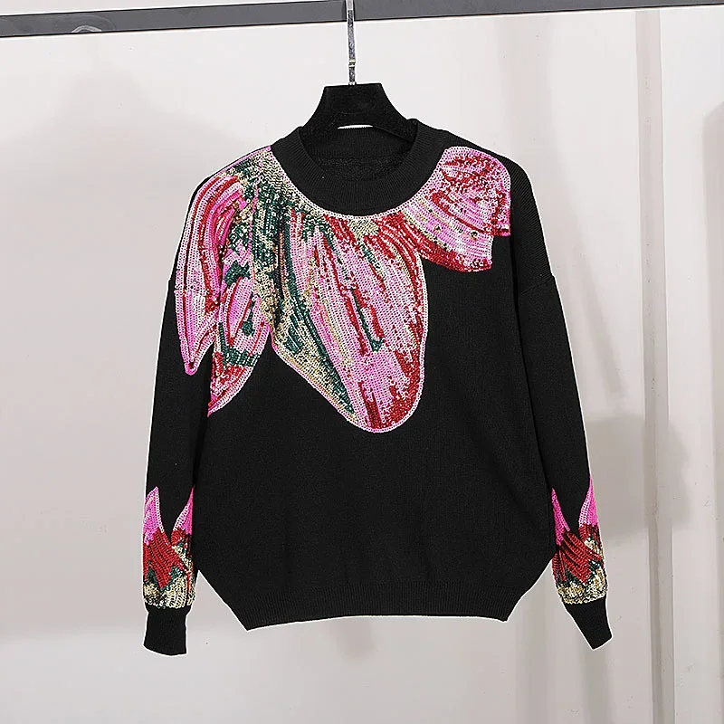 Fashion White Black Women Knitted Tracksuits Casual Two Piece Outfits Loose Sequins Embroidery Sweater Pencil Pants Set Female