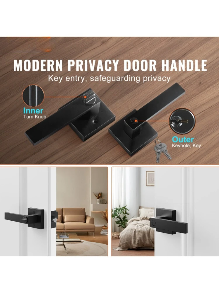 Entry Lever Door Handle, 2 Piece Black Entry Knob, Lock and Key Lock Lever Set, Modern Square Door Lever