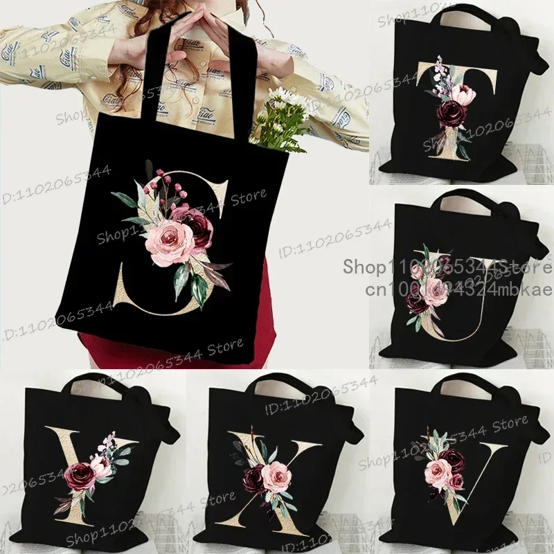 Pink Flower Alphabet Pattern Canvas Shoulder Bag Women A-Z 26 Alphabet Floral Graphic Tote Bags 26 Initials Women Shopping Purse