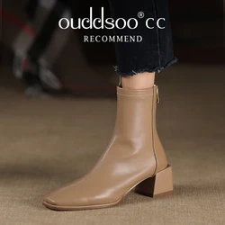 Ods Autumn Women Leather Ankle Boots Fashion Female Mid Thick Heels Elegant Lady White Black Apricot Square Toe Zip Shoes 414042