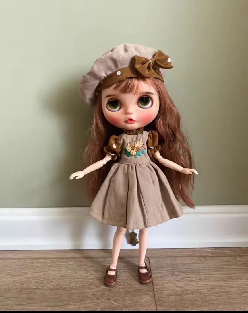 2pcs Rural Blythe/landoudou Real silk Cotton linen Embroidered dress+hat  (Fit for azone,Pullip,Ob22,24,26, Licca)