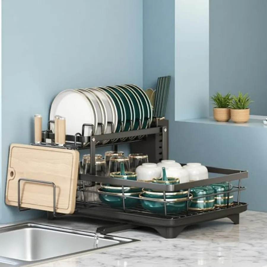 

Carbon Steel Dish Rack and Utensil Holder - Space Saving 2-Tier Kitchen Counter Organizer Rust-Resistant Drainage for Small Kit