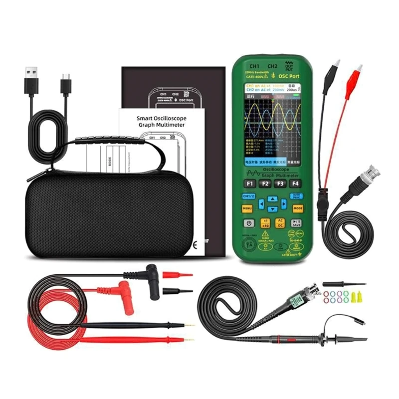 

Handheld Oscilloscope Double Channel 208MSa/s Rate 25MHz Bandwidth 6000 Count Current Tester Multimeter