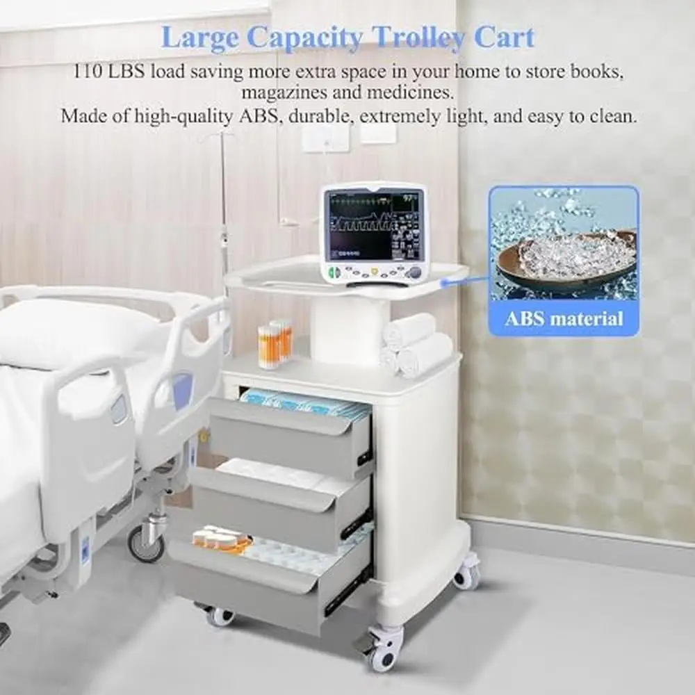 Large Capacity Ultrasound Imaging Scanner Trolley Cart 110LBS Load with Lockable Rolling Wheels Top Shelf Handle Design ABS