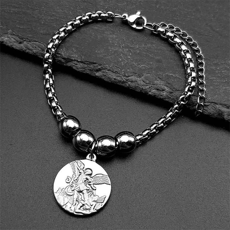 Archangel Saint Michael Stainless Steel Hand Chain for Women Men Gold Color Christian Bracelet Bangles Amulet Jewelry Gift