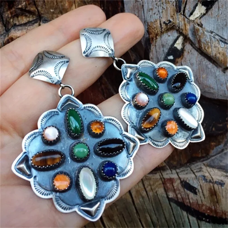 

Ethnic Geometrically Inlaid Colored Stones Earrings Vintage Silver Color Metal Square Carving Pattern Dangle Earrings for Women